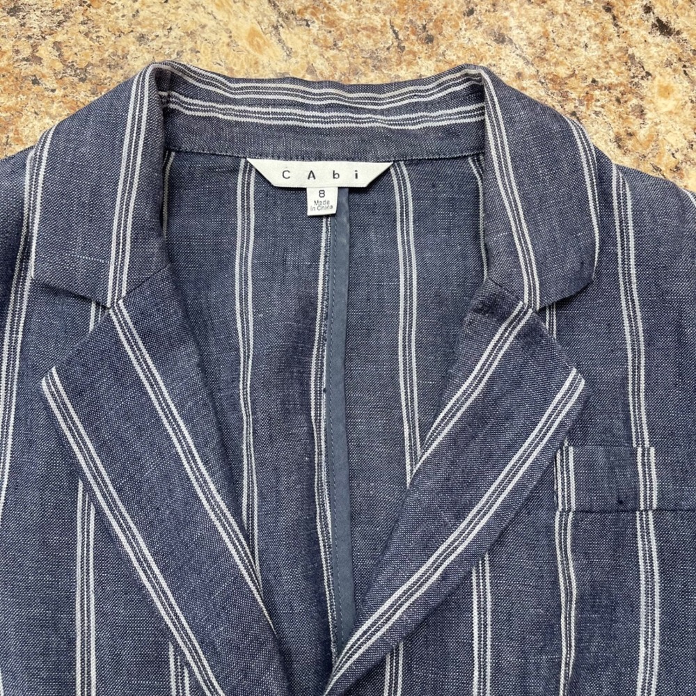 Cabi Nautical Pin Striped Blue Linen Blazer Size 8 - Picture 9 of 10